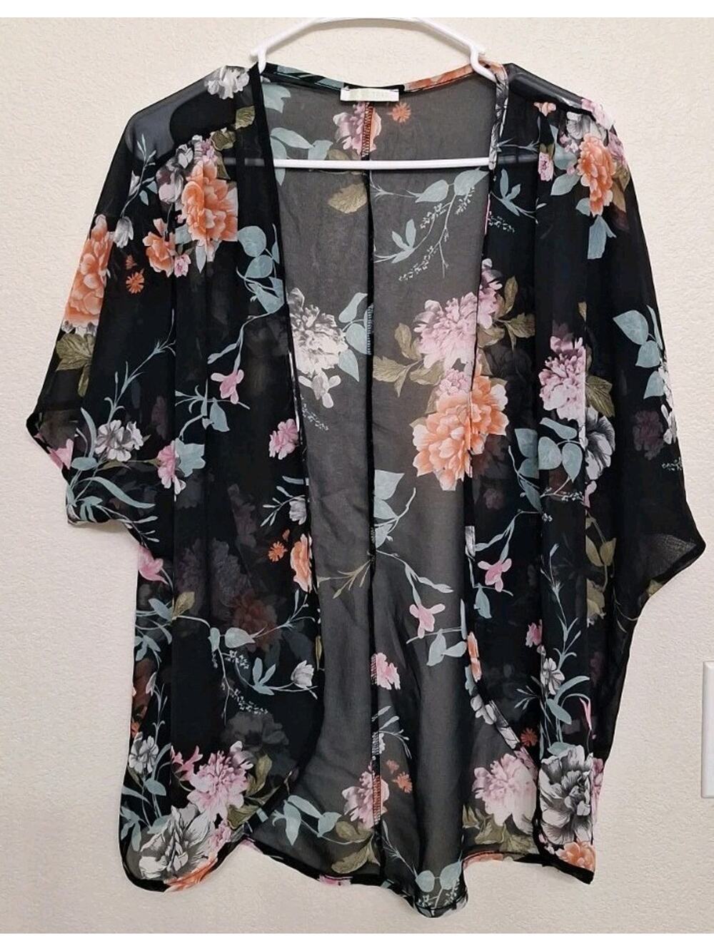 Olive Tree Women's Black Floral Print Sheer Cardigan Top M